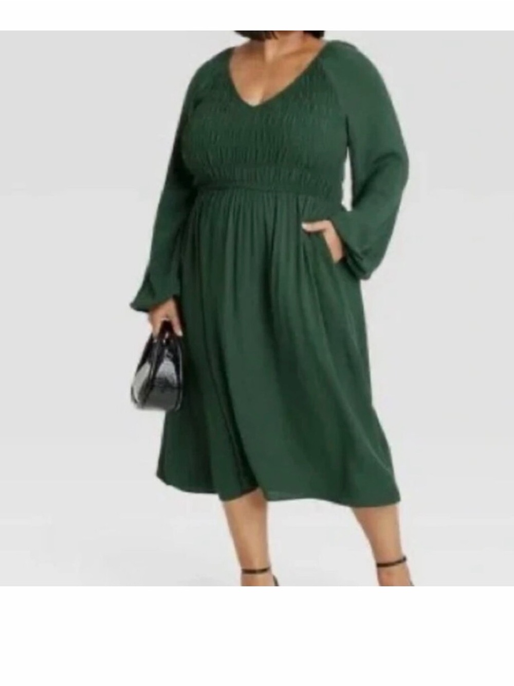 Green Smocked V-Neck Midi Dress Ava Viv. NWT.